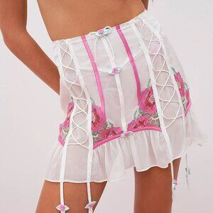 NWT For Love & Lemons Festival Floral Sheer Mini Skirt Sz XS - White